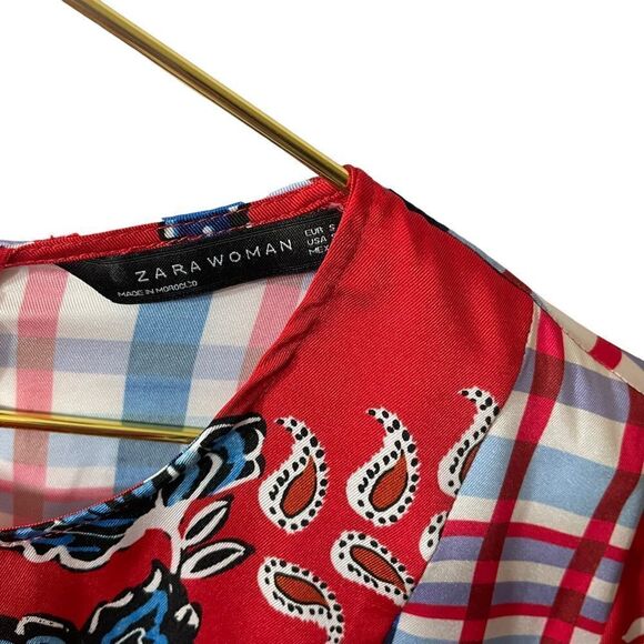 ZARA Floral Bird Patchwork Red Blue Blouse Size Small - Picture 3 of 10